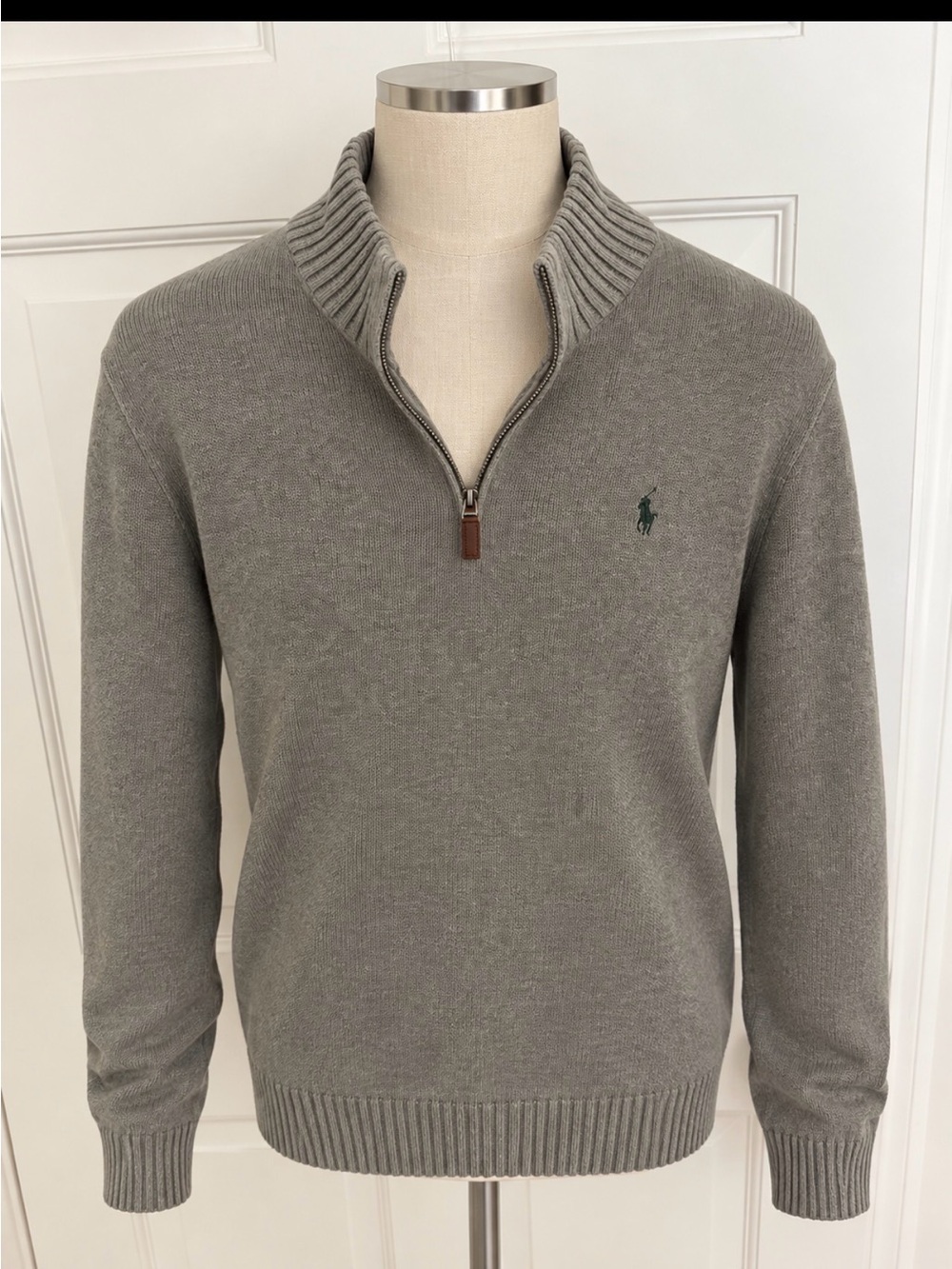 Ralph Lauren Men's Light Gray Half-Zip Sweater with Green Pony